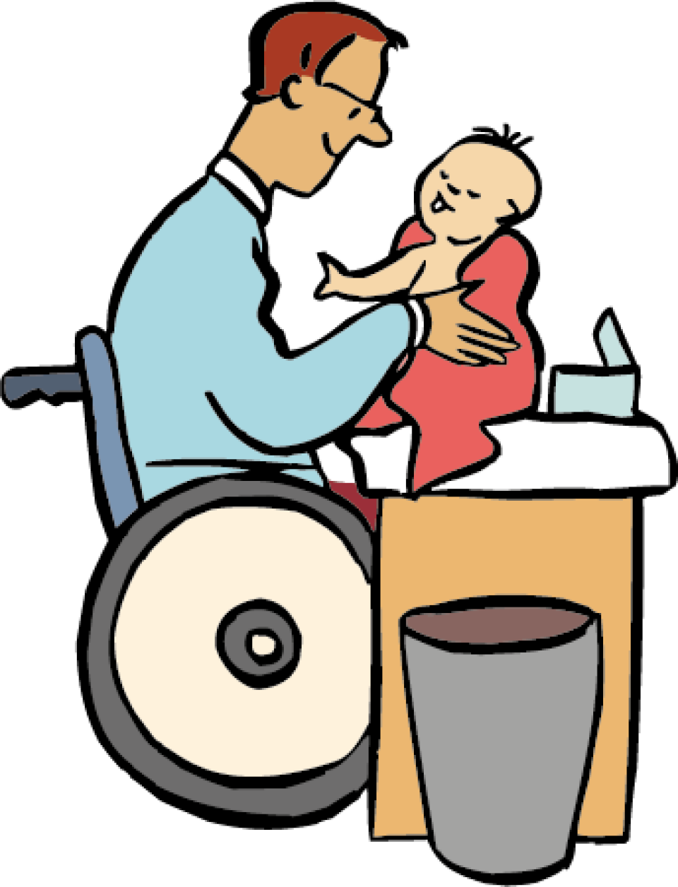 Ein Mann im Rollstuhl hält ein Baby auf einem Wickel-Tisch.